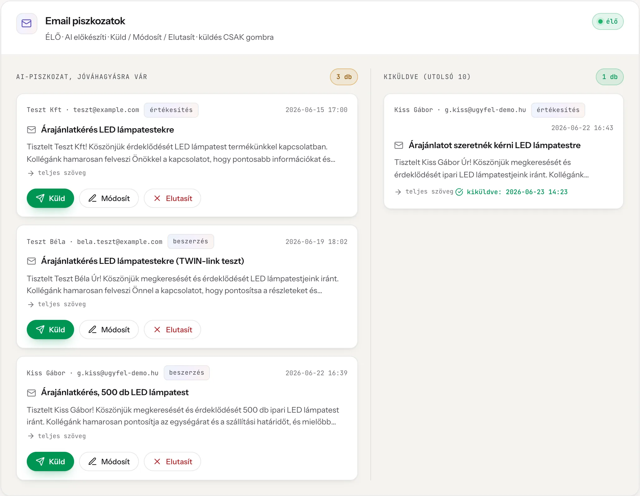 Inbox modul: email piszkozatok a cockpitban